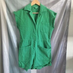 Ascot and Hart Green Cotton Romper Sleeveless Frayed Edge XS Utility Gorpcore